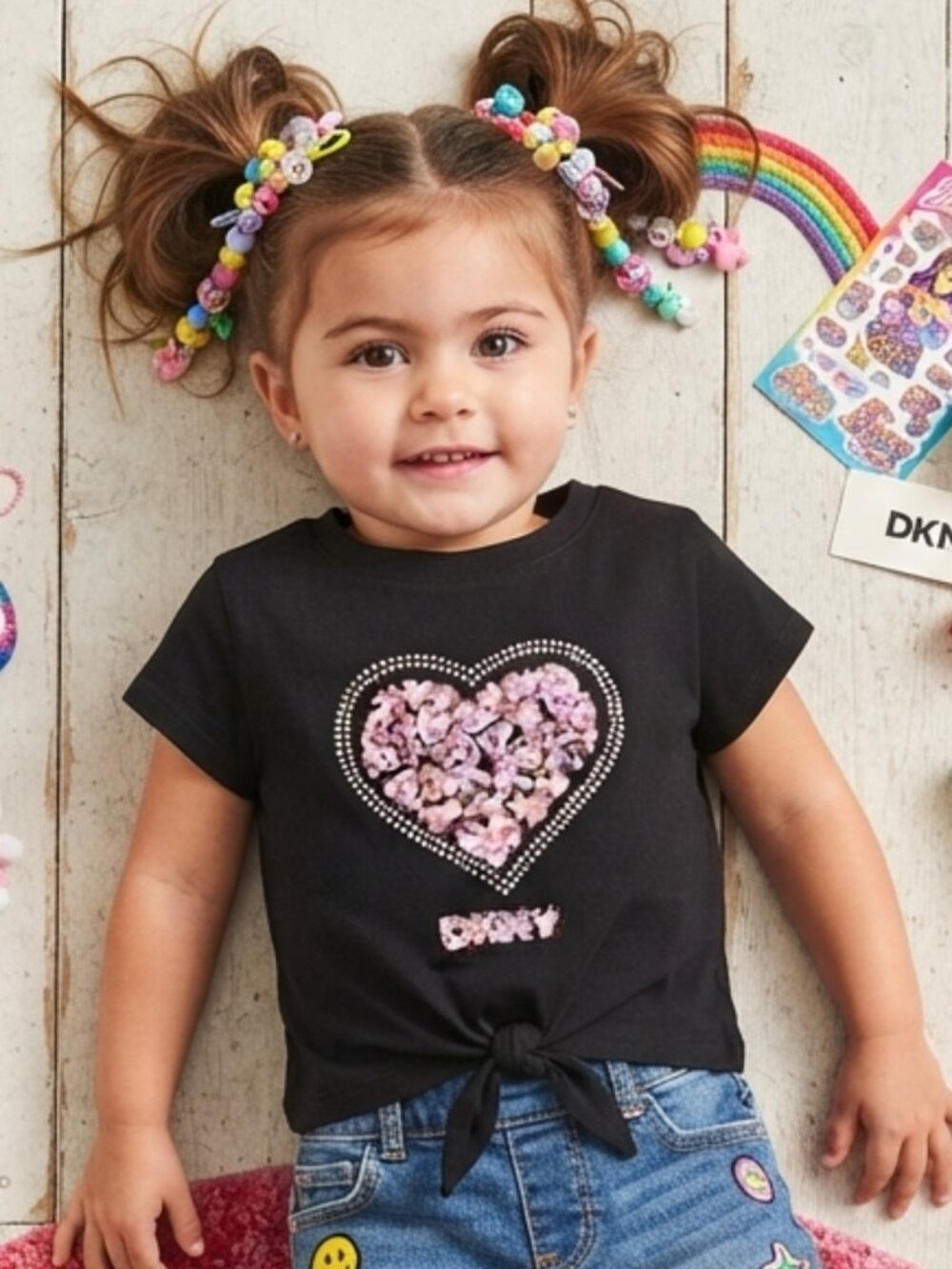 DKNY Girls Short-Sleeve Tee Sequin Heart Black Pink Tie Front Crop Toddler 3T